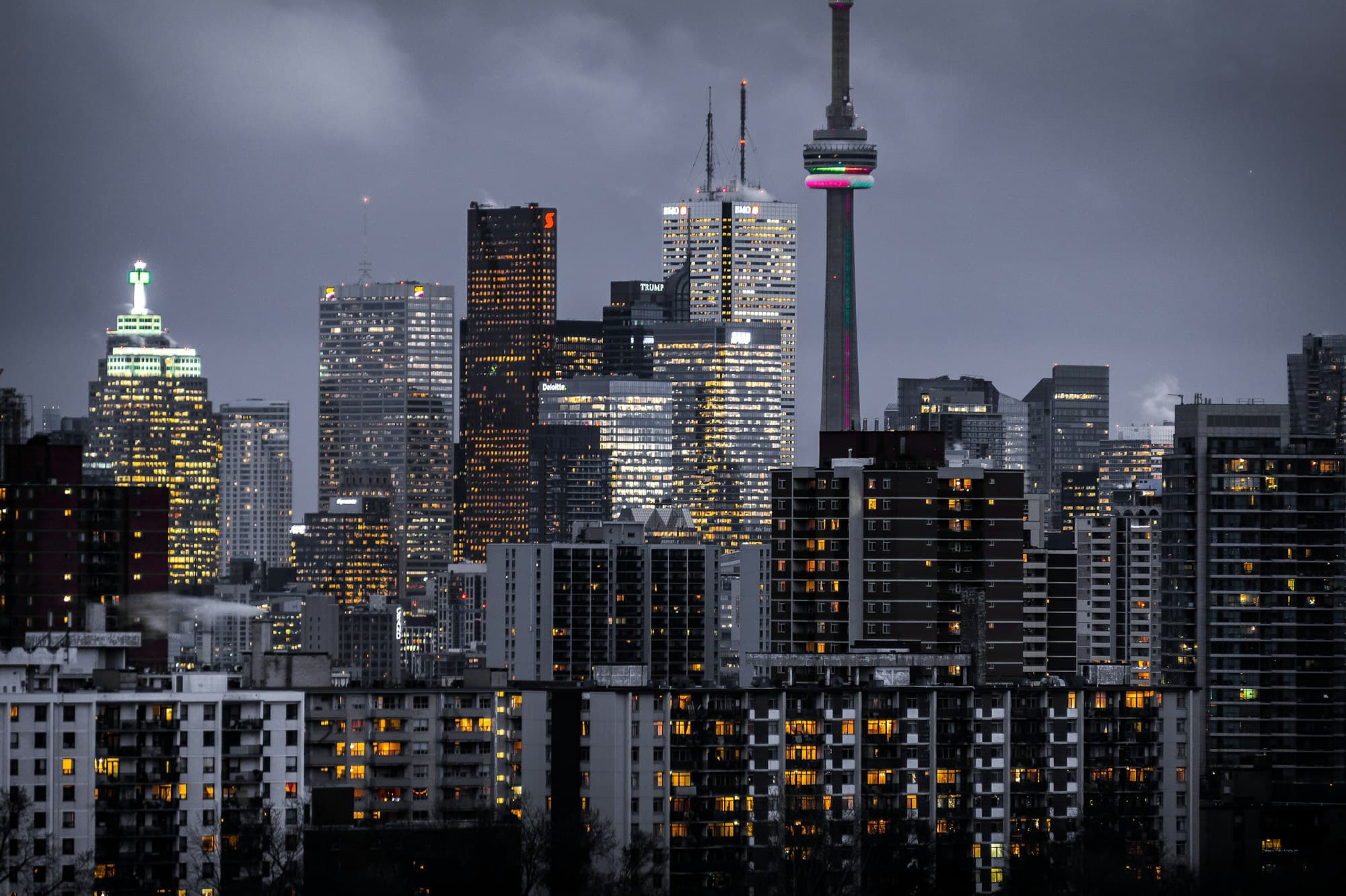 Financial district towers at night